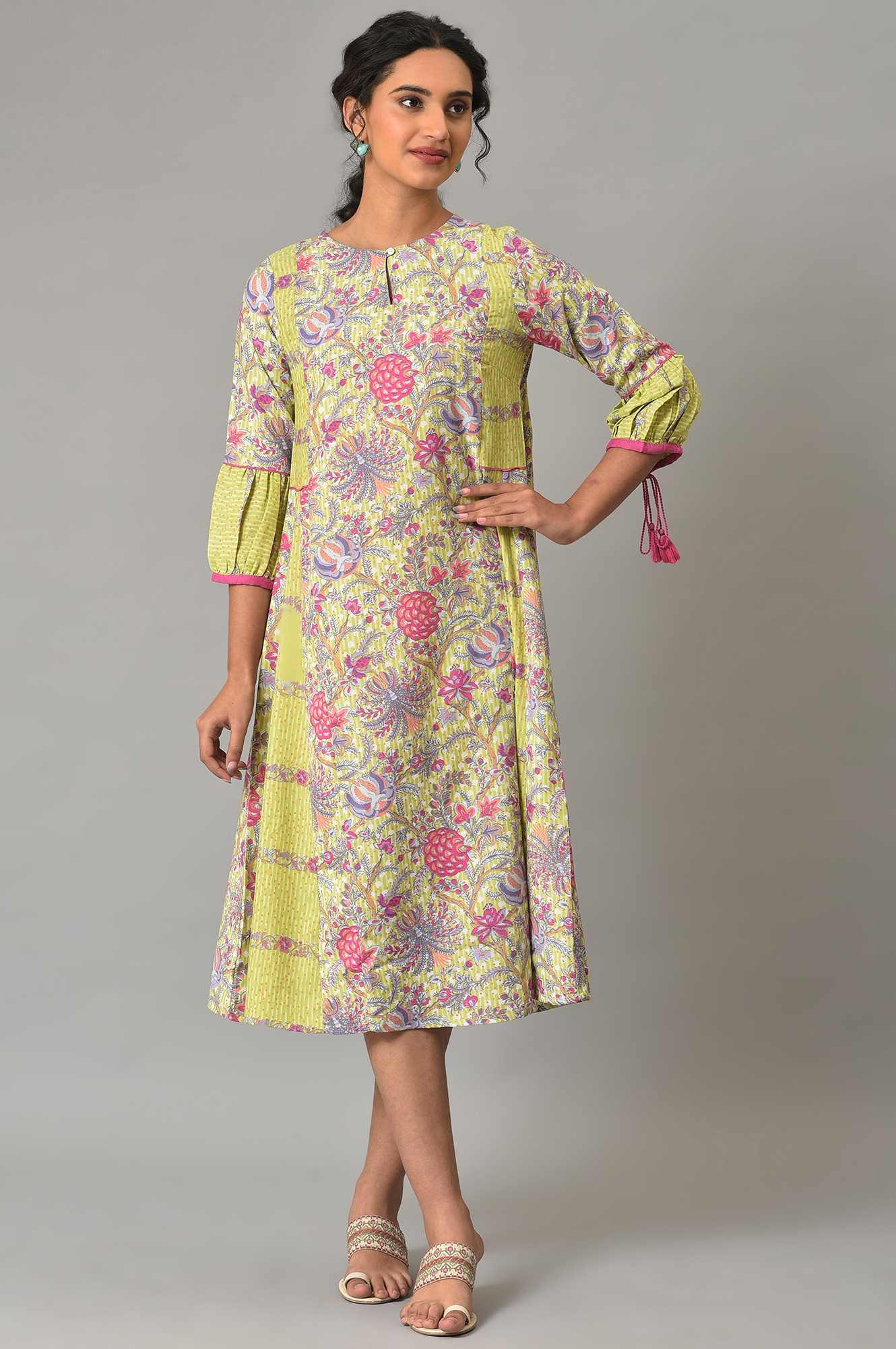 W for Woman Green Printed Godget Summer Dress