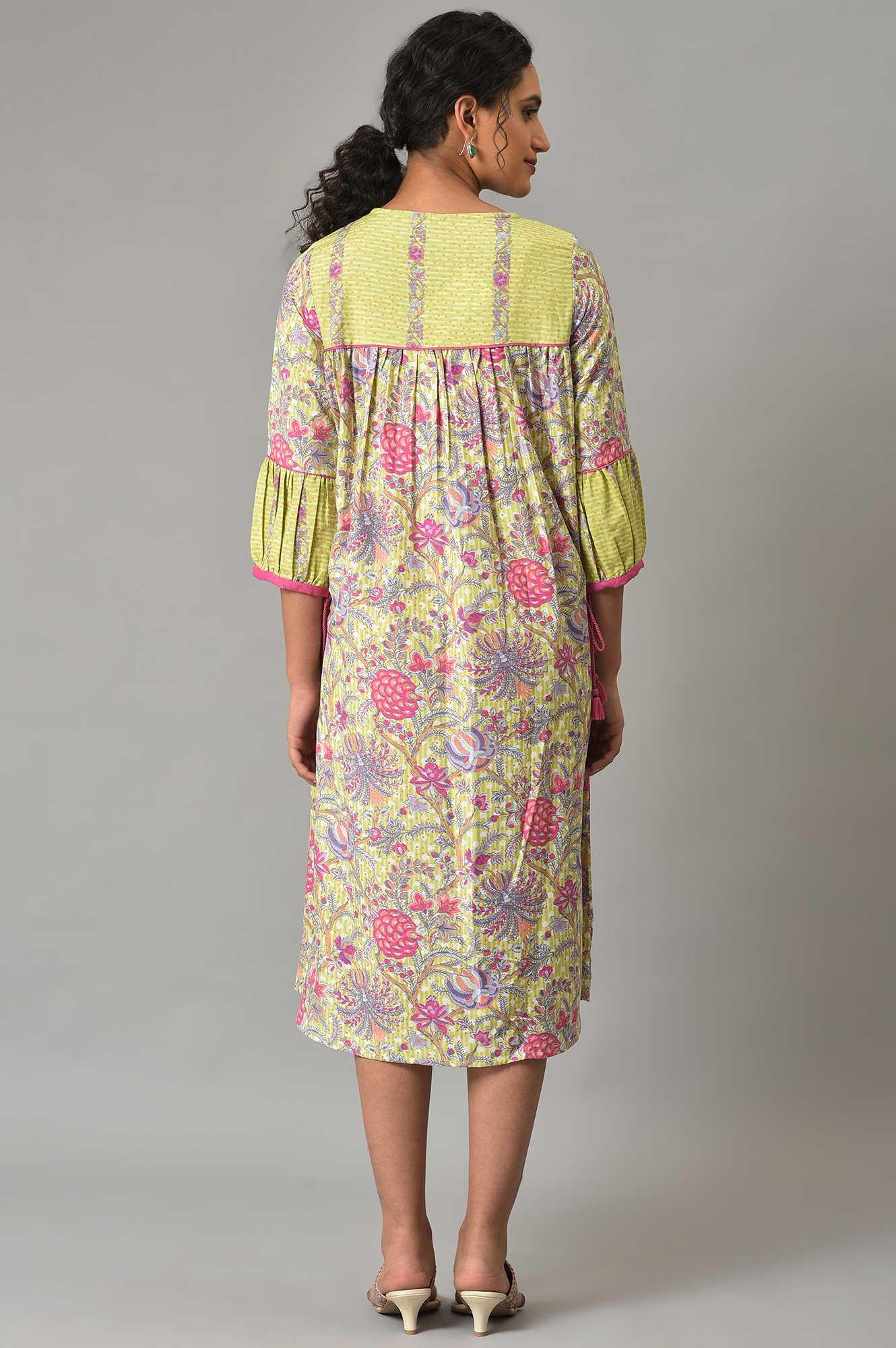 W for Woman Green Printed Godget Summer Dress