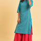 W for Woman Blue Round Neck Dobby Kurta with Sequins