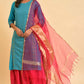 W for Woman Blue Round Neck Dobby Kurta with Sequins