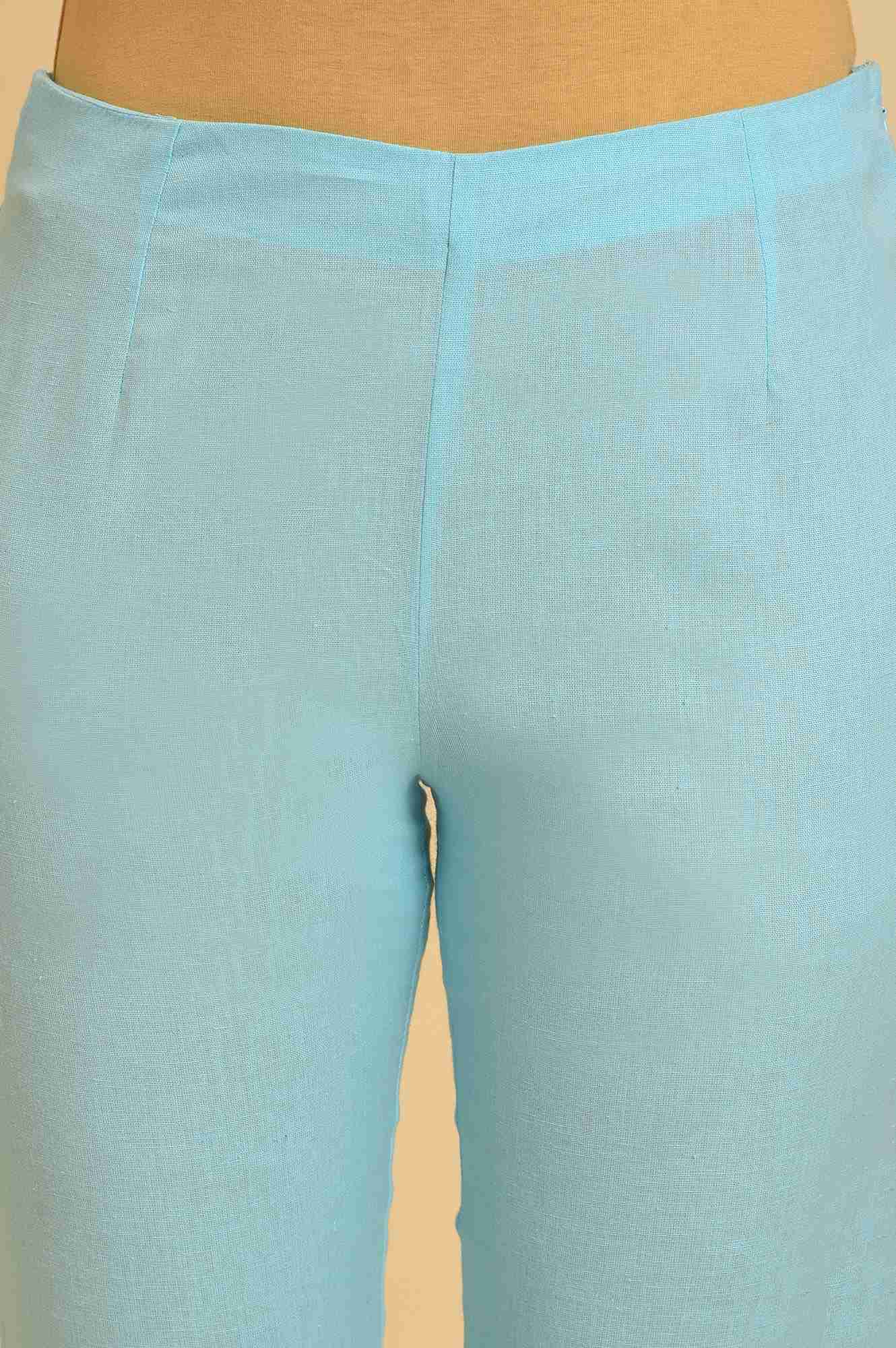 W for Woman Blue Solid Thread Work Rayon Flax Straight Kurta and Slim Pant Set