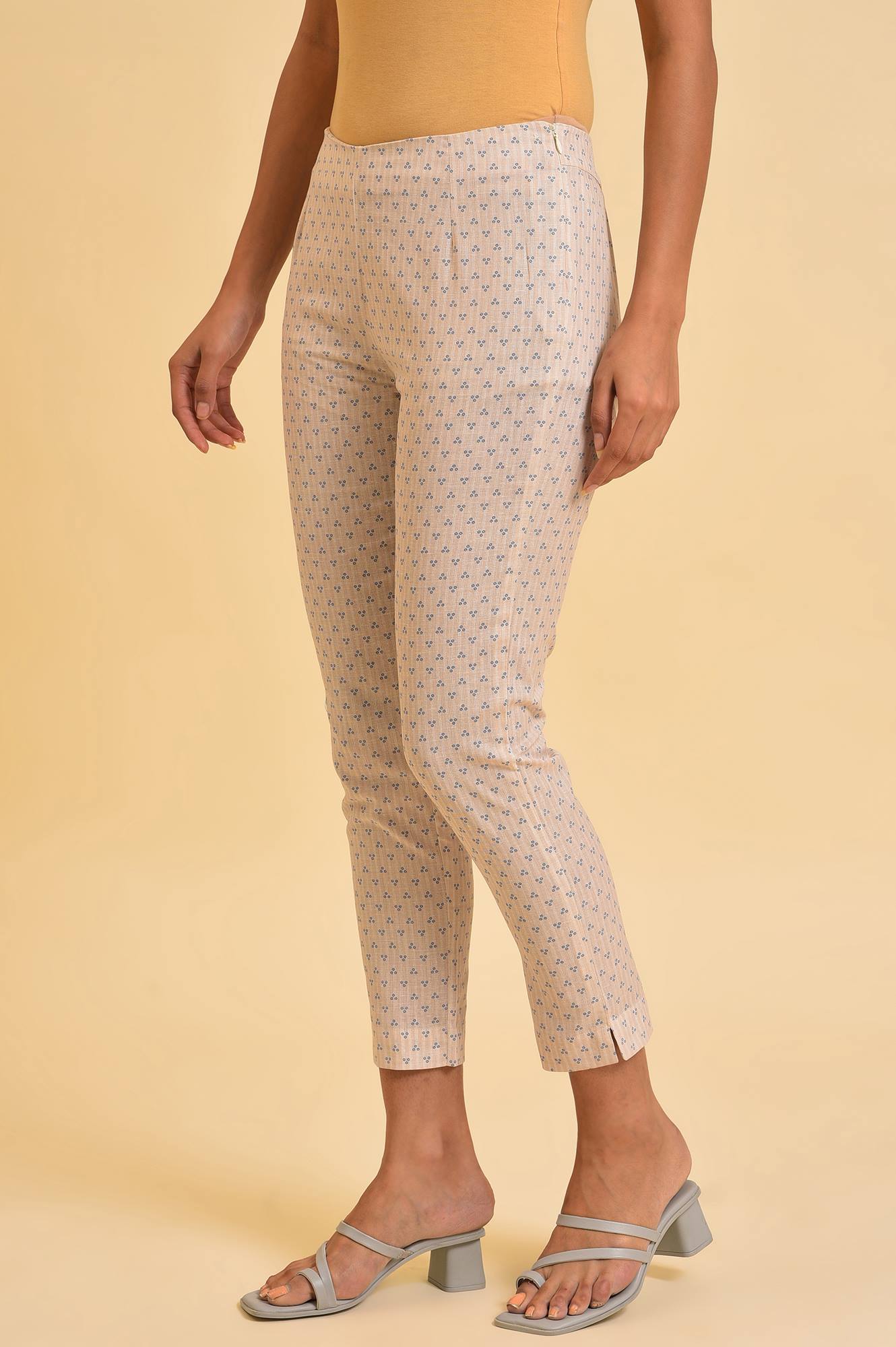 W for Woman Beige Striped Thread Embroidered Pure Cotton Straight Kurta and Slim Pant Set