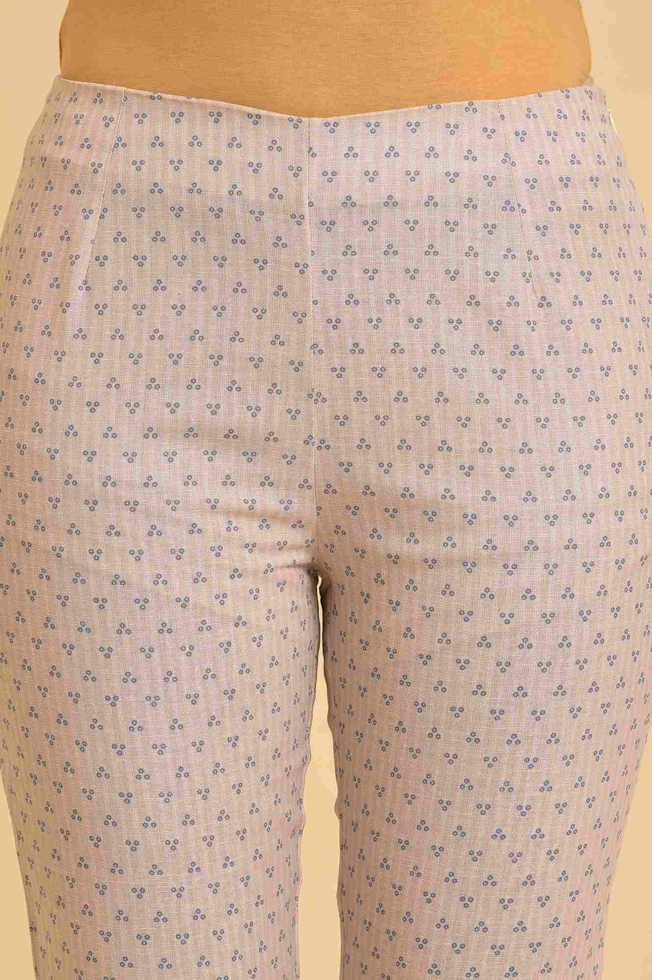 W for Woman Beige Floral Printed Pure Cotton Flared Kurta and Slim Pant Set