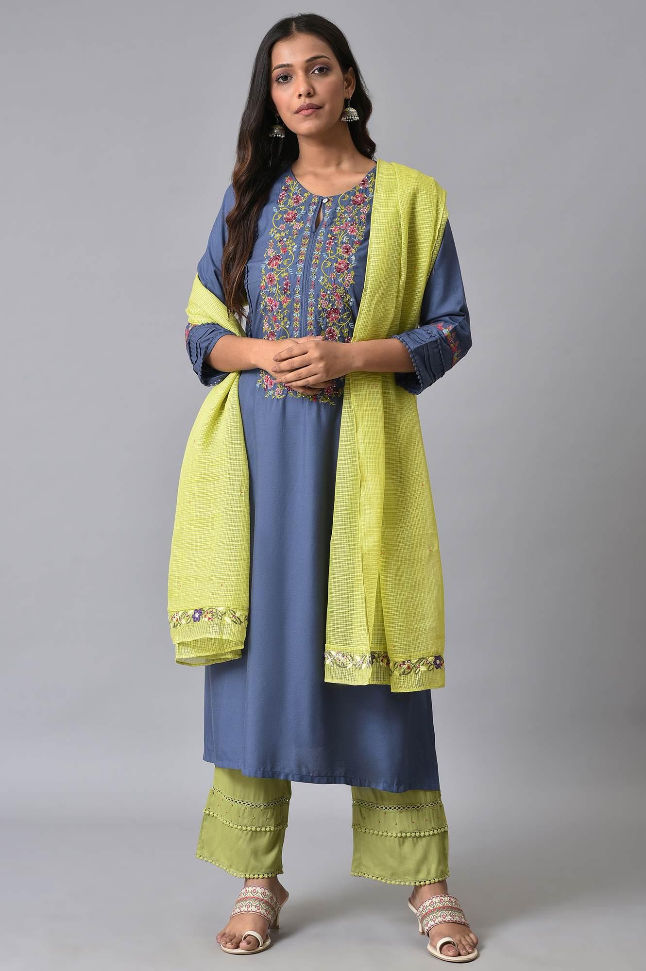 W for Woman Blue Embroidered Contemporary kurta Set