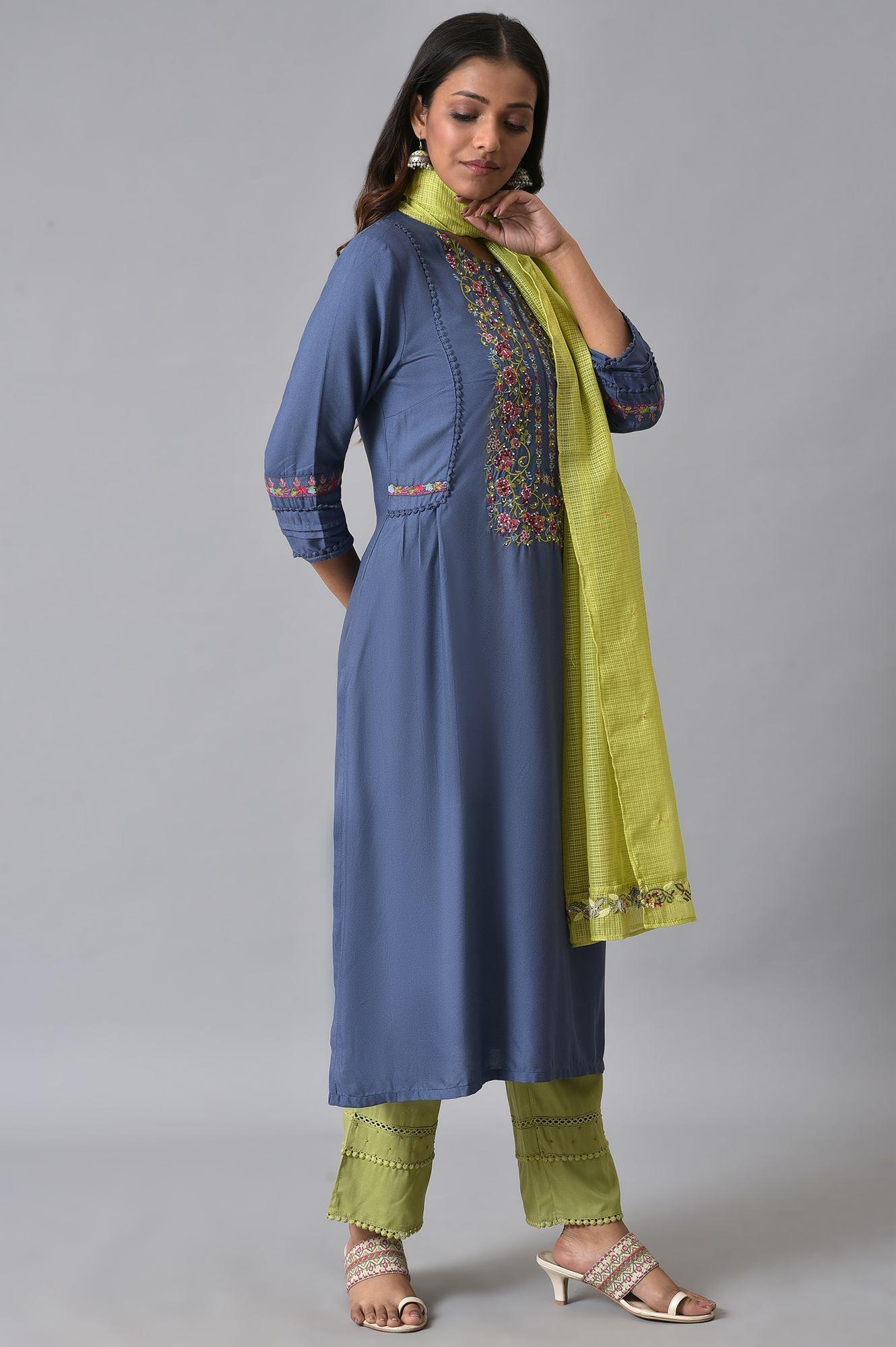 W for Woman Blue Embroidered Contemporary kurta Set