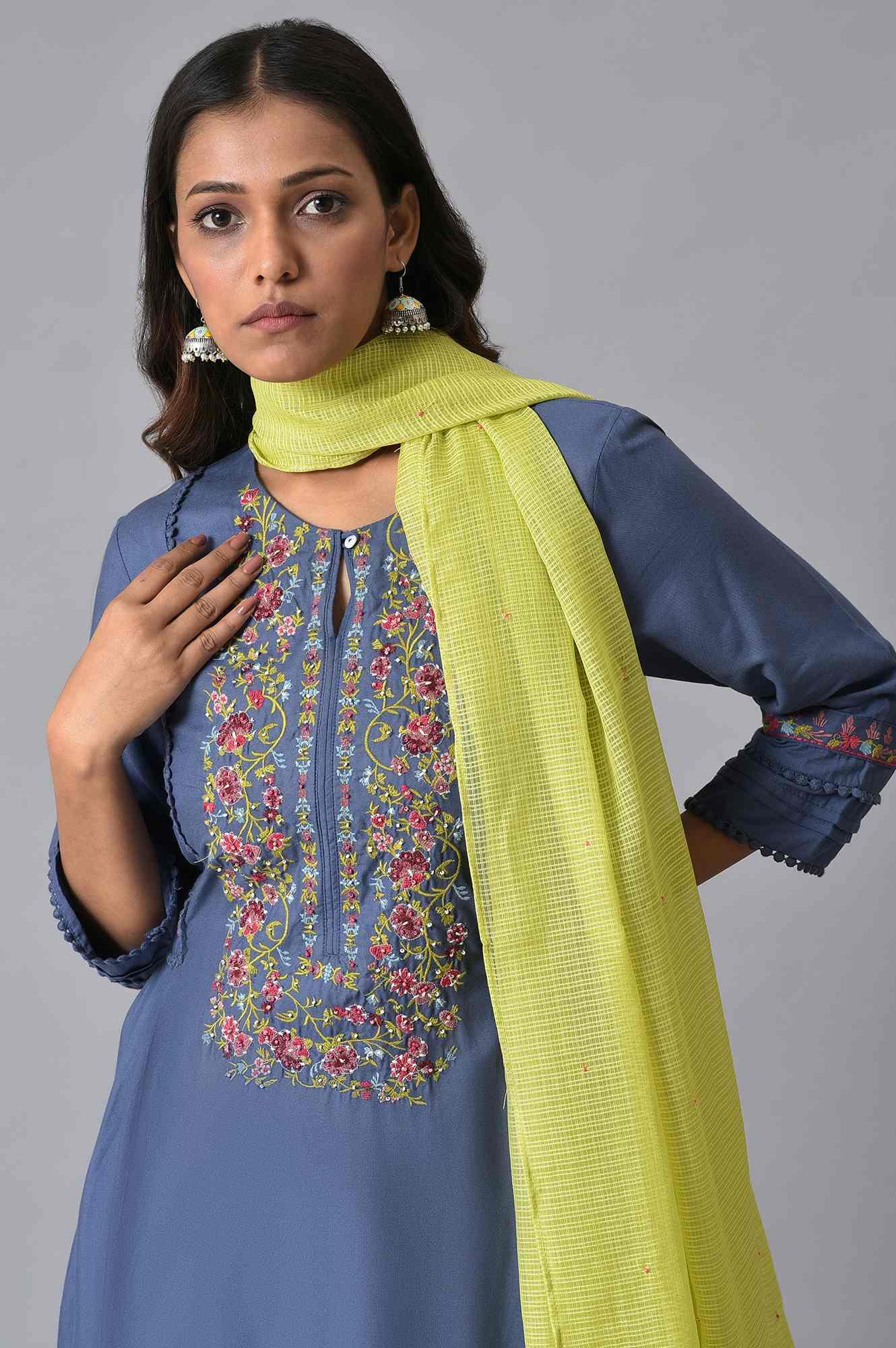 W for Woman Blue Embroidered Contemporary kurta Set