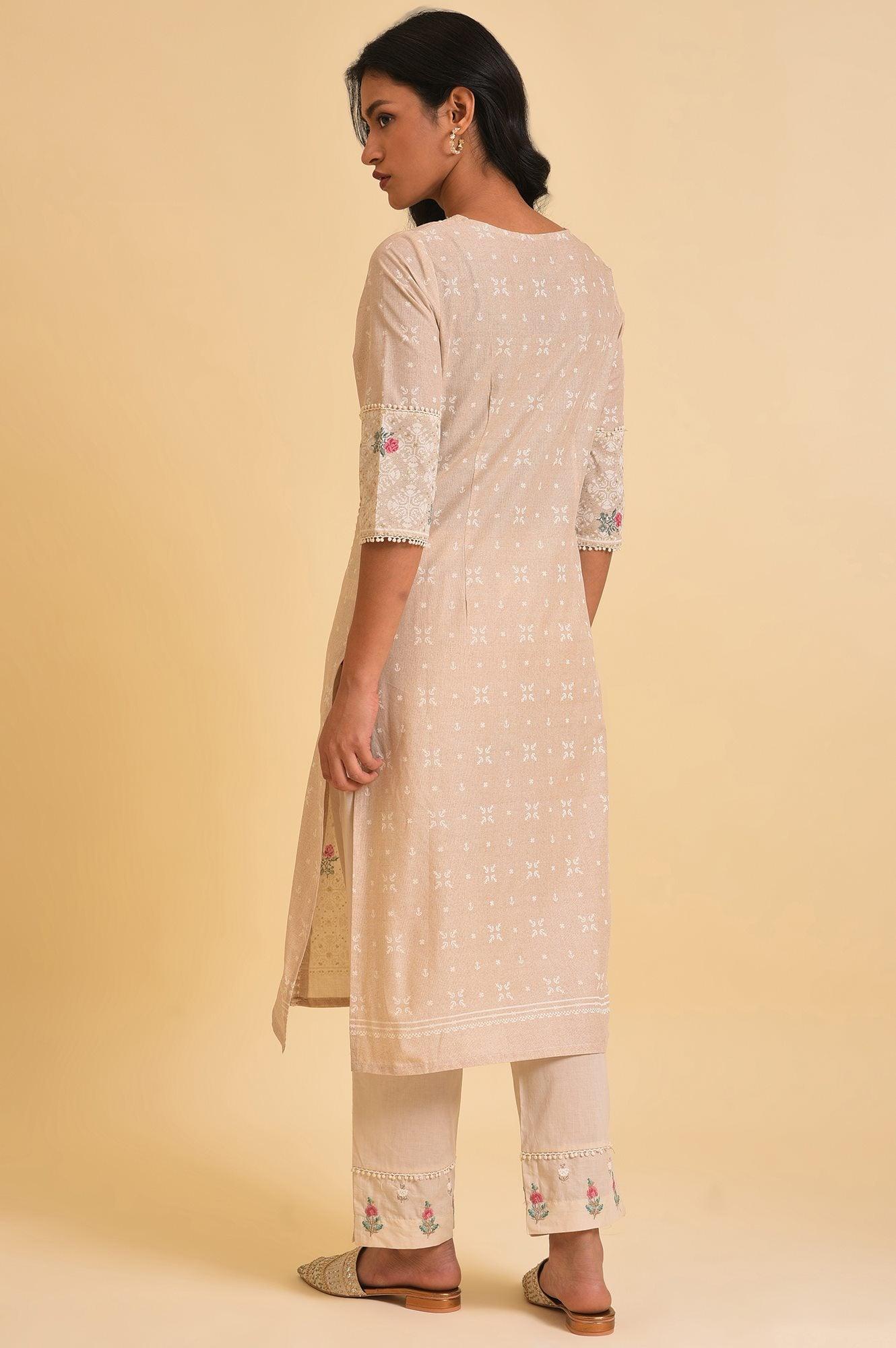 W for Woman Beige Glitter Printed kurta & Pants Set