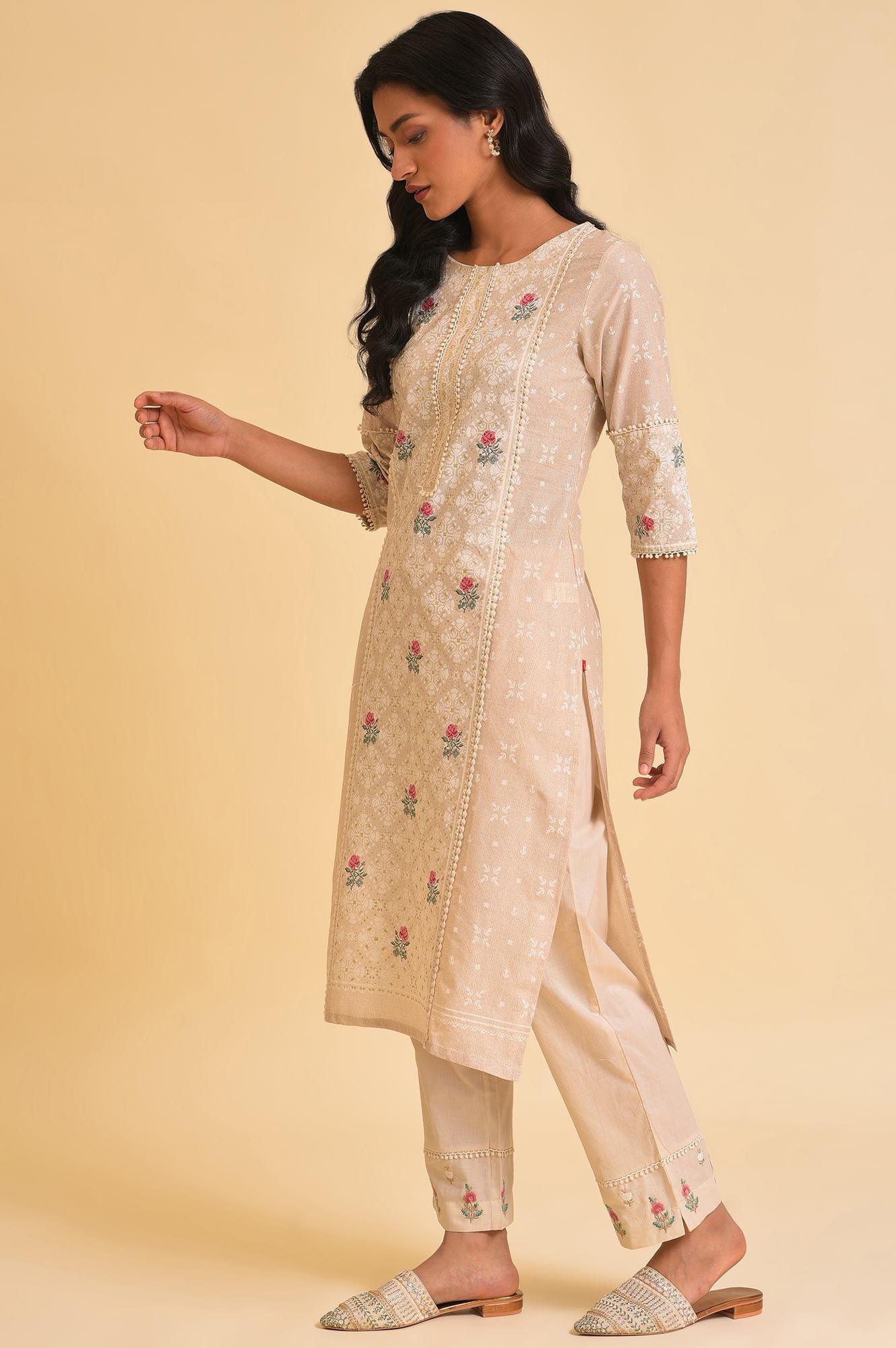 W for Woman Beige Glitter Printed kurta & Pants Set