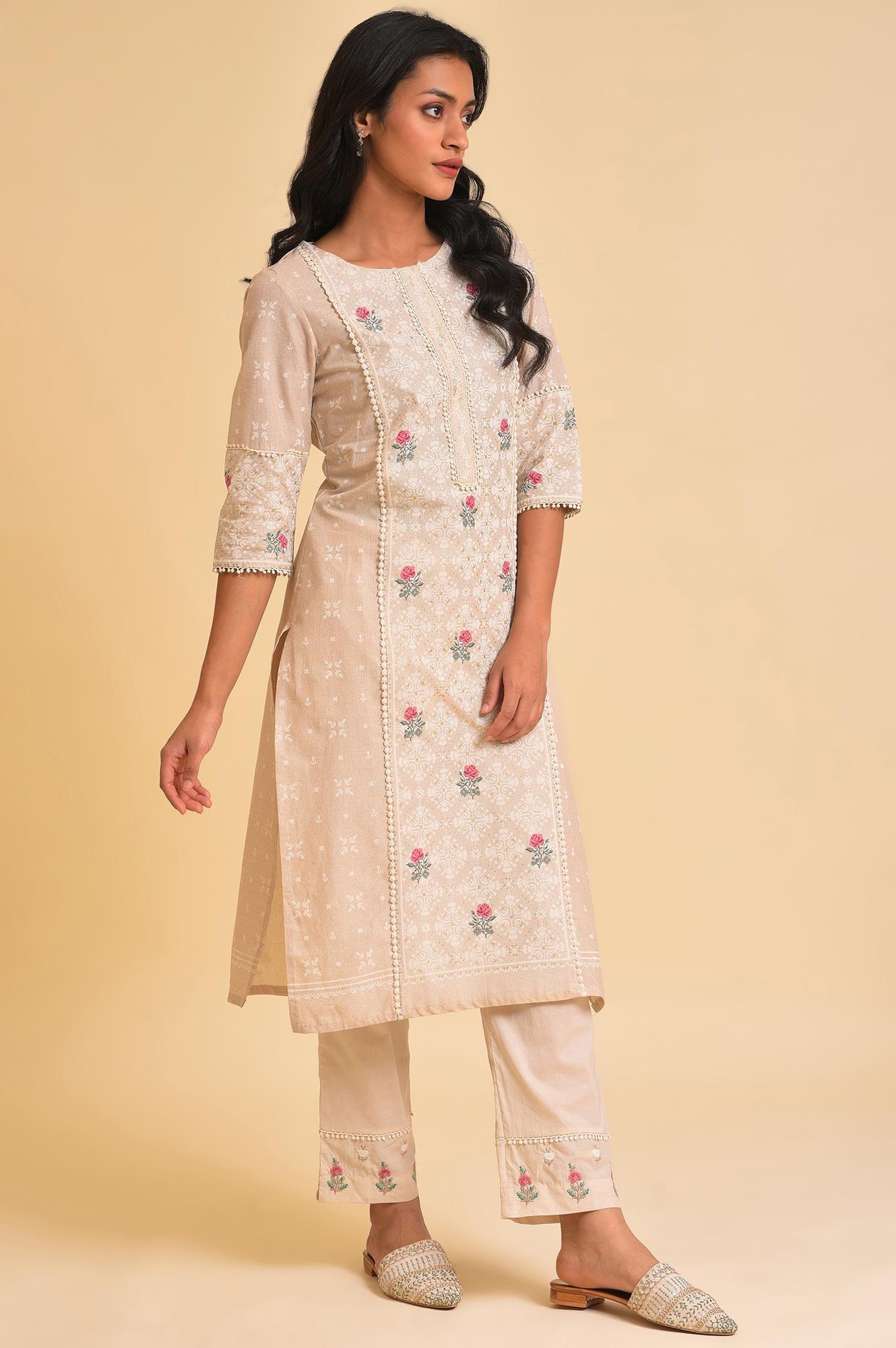 W for Woman Beige Glitter Printed kurta & Pants Set