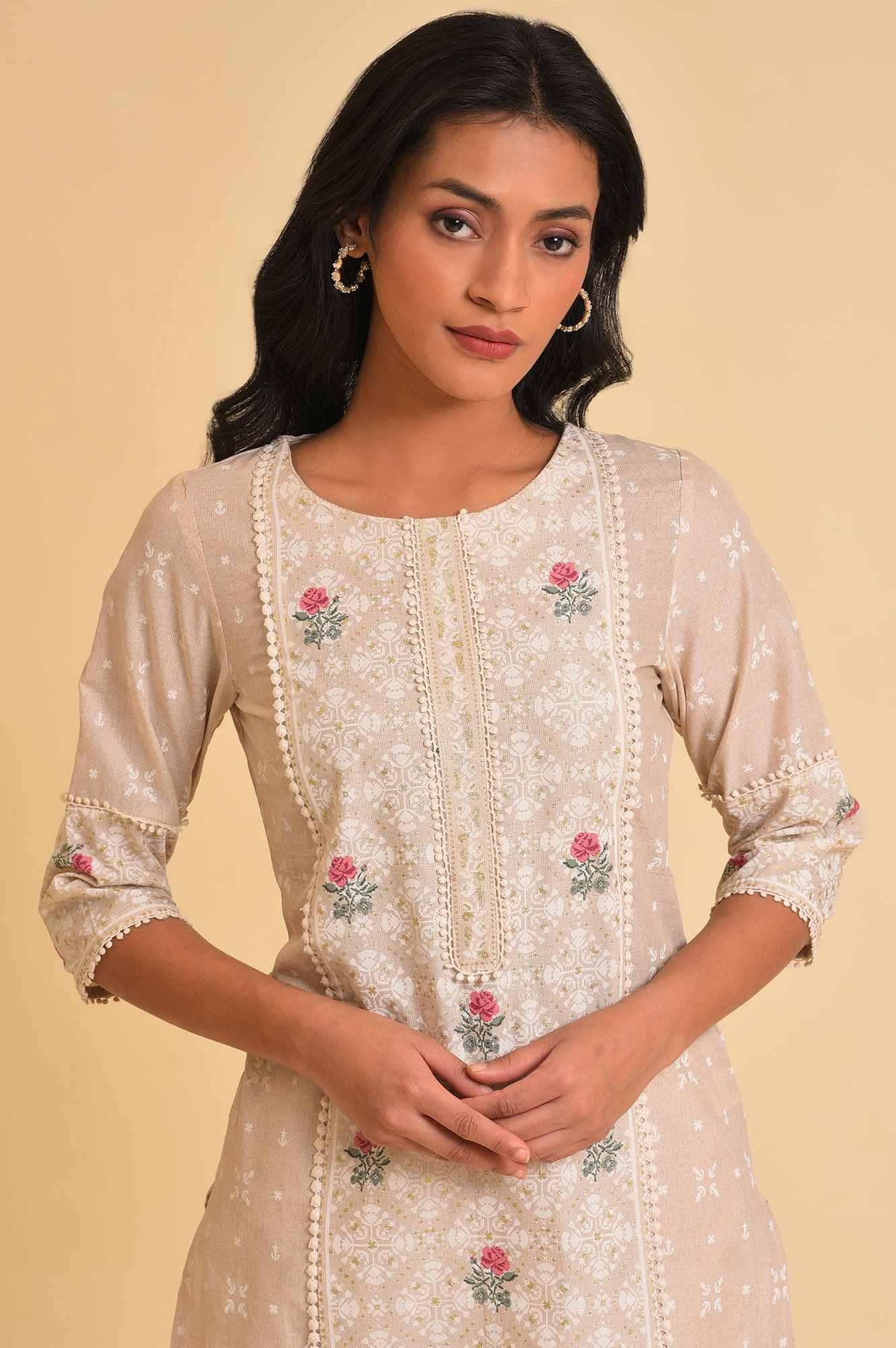 W for Woman Beige Glitter Printed kurta & Pants Set