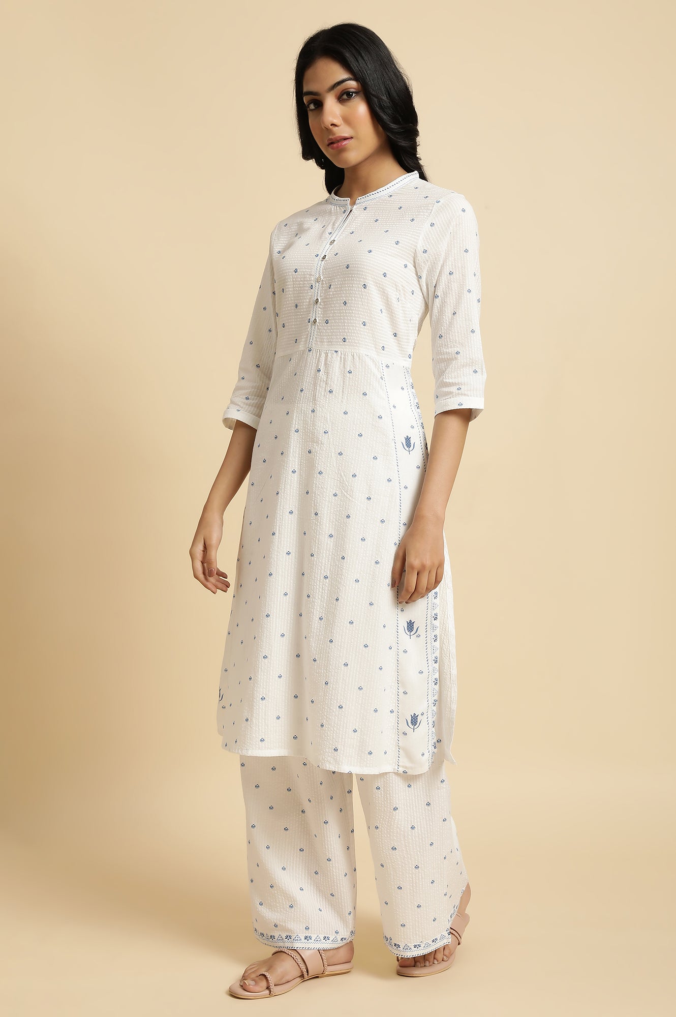W for Woman White Printed Summer Kurta Co-Ord Set