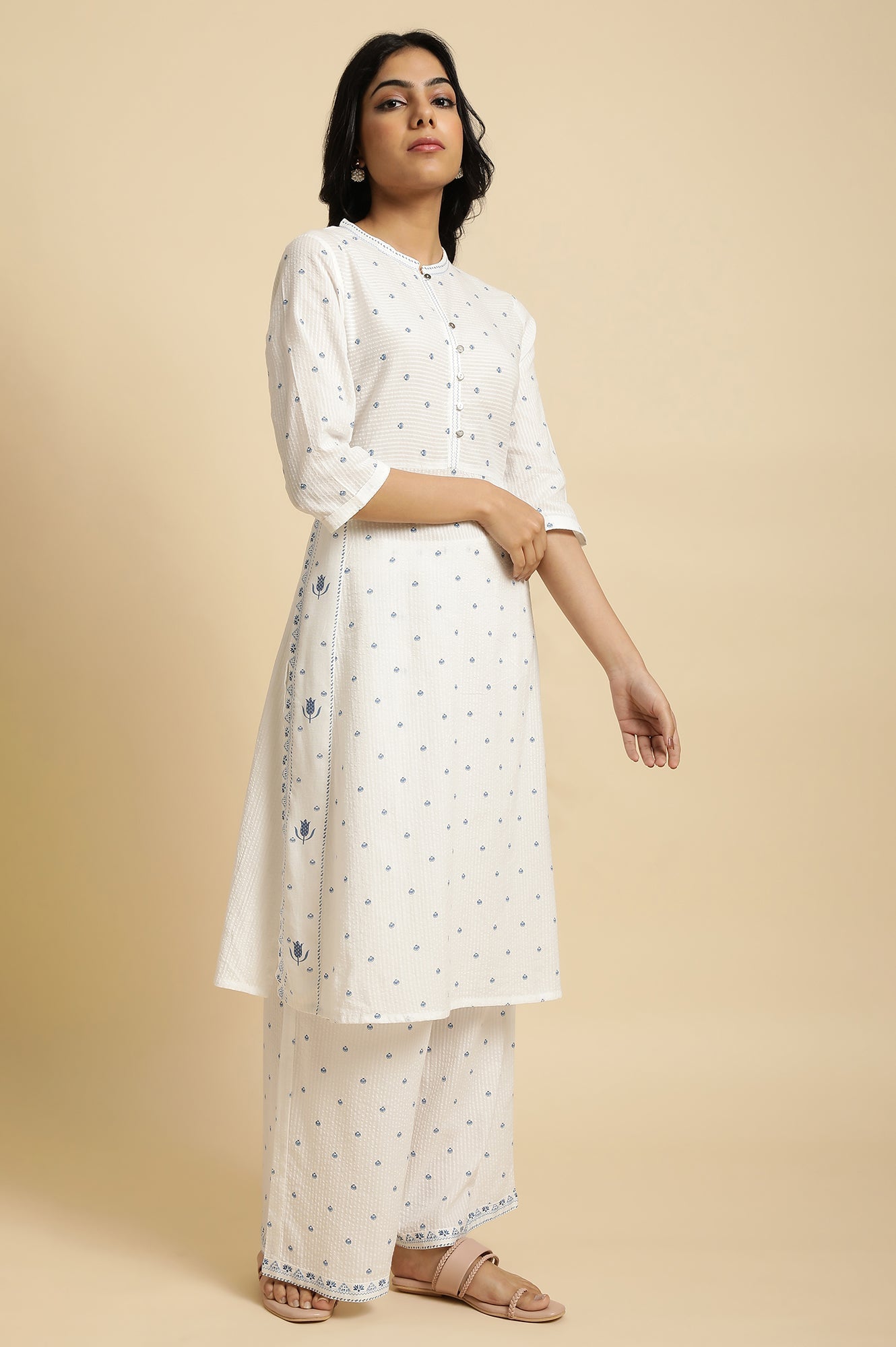 W for Woman White Printed Summer Kurta Co-Ord Set