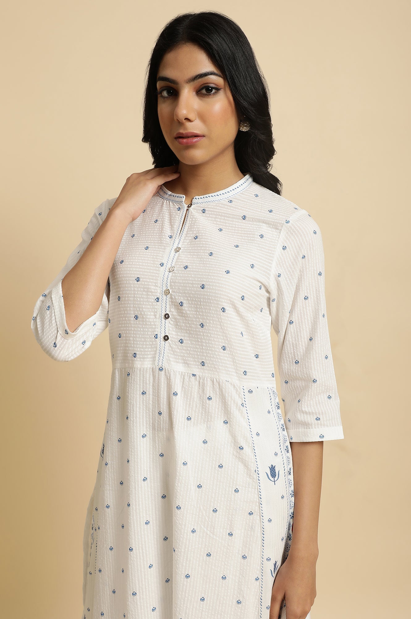 W for Woman White Printed Summer Kurta Co-Ord Set