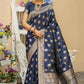 Vishnu Weaves Women's Navy Blue Banarasi Silk Floral Zari Woven Saree with Unstitched Blouse - Swadesiicart
