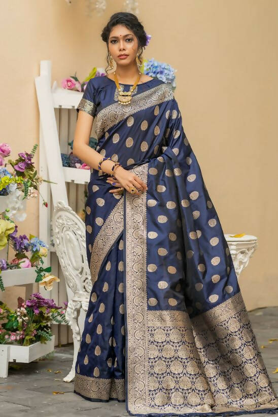 Vishnu Weaves Women's Navy Blue Banarasi Silk Floral Zari Woven Saree with Unstitched Blouse - Swadesiicart