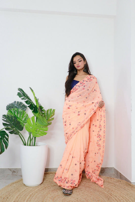 Vamsee Era Peach Georgette Saree - Swadesiicart
