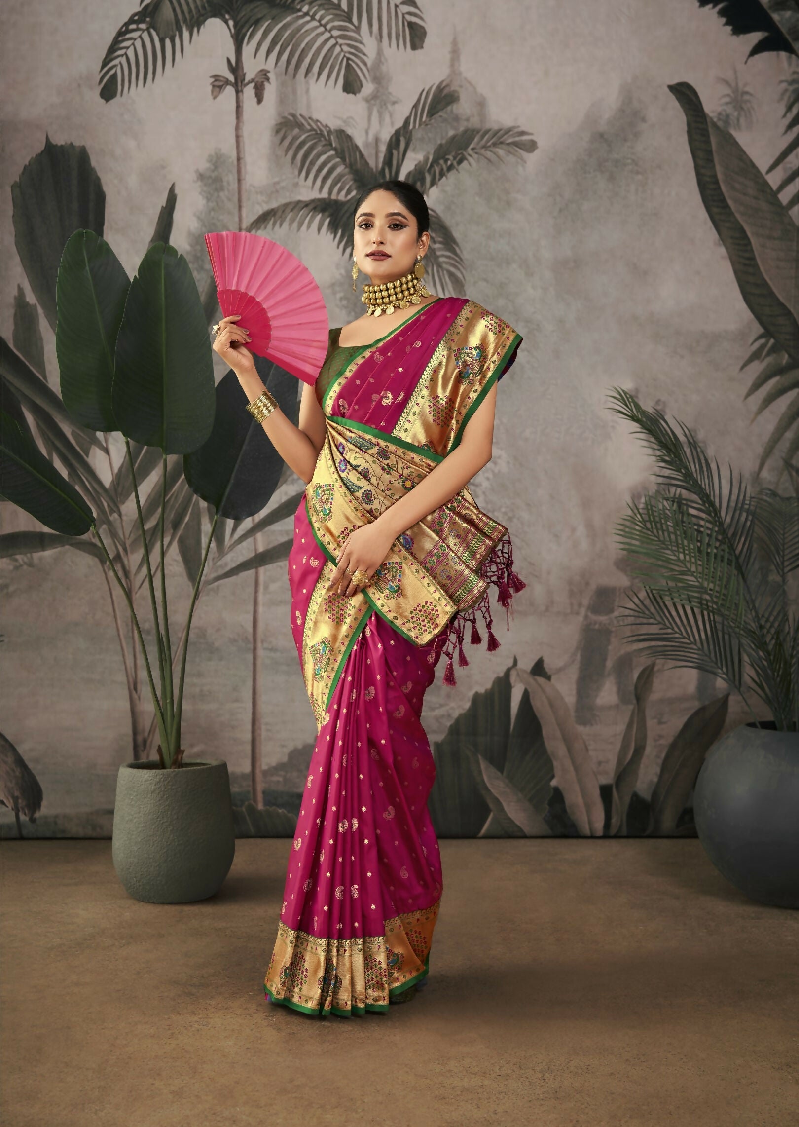 Vishnu Weaves Women's Wine Paithani Silk Saree with Blouse - Swadesiicart