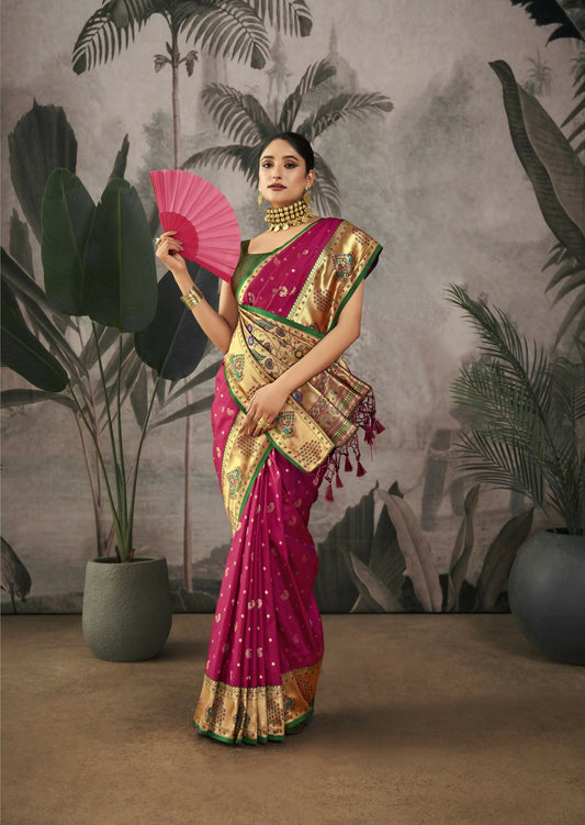 Vishnu Weaves Women's Wine Paithani Silk Saree with Blouse - Swadesiicart