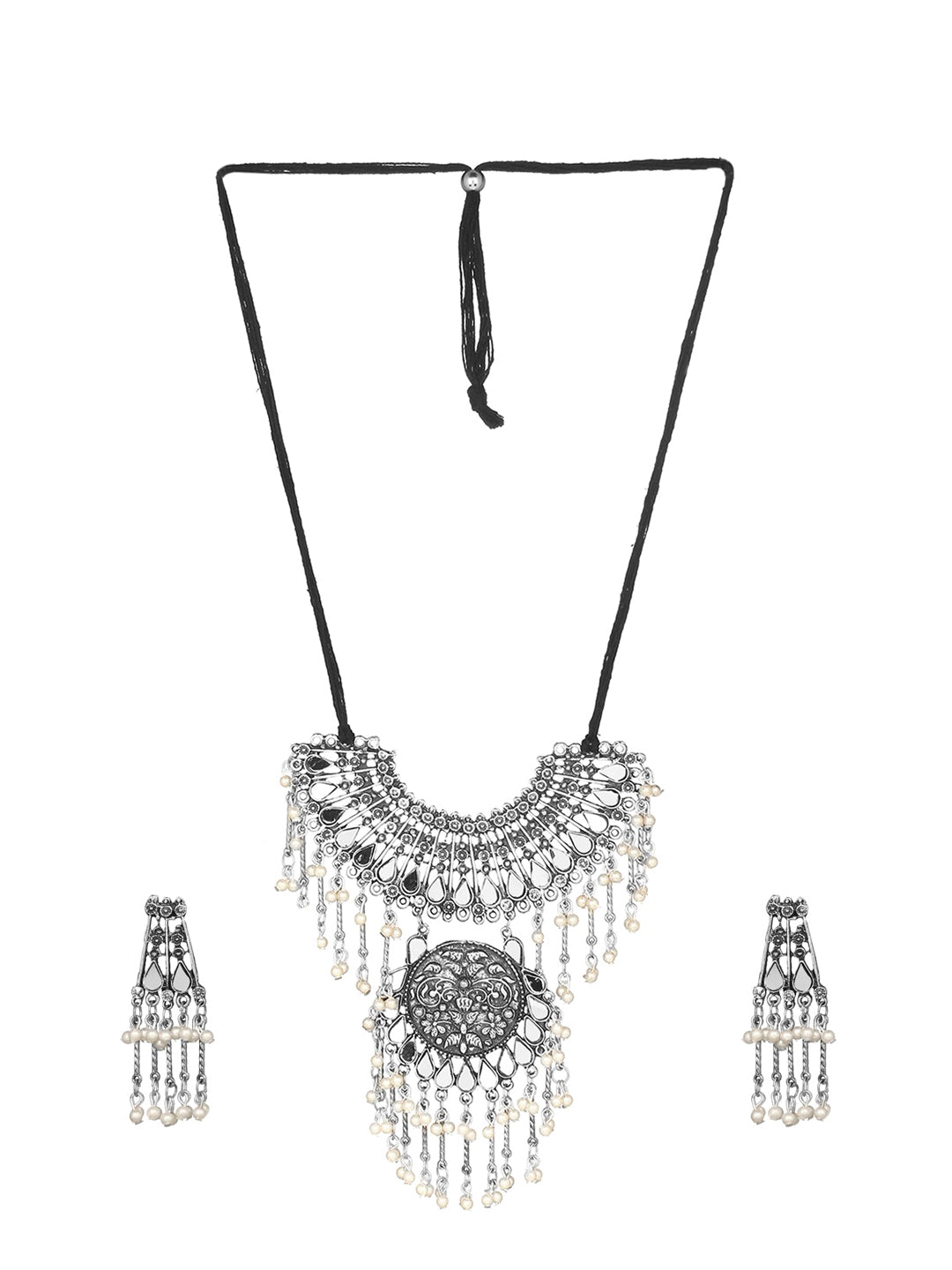 Cardinal Silver-Toned Mirror Studded & Beaded Oxidised Choker Jewellery Set | Swadesiicart