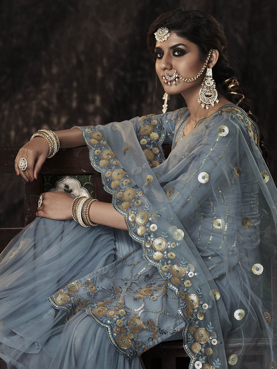 Myra Grey Net Embroidered Sharara Suit | Swadesiicart