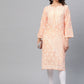 ADA Women Peach-Coloured & White Chikankari Embroidered Cotton Straight Sustainable Kurta | Swadesiicart