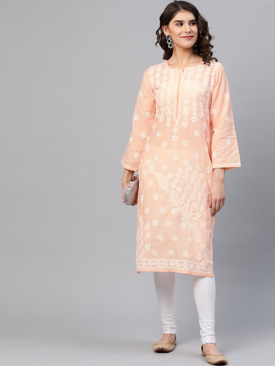 ADA Women Peach-Coloured & White Chikankari Embroidered Cotton Straight Sustainable Kurta | Swadesiicart