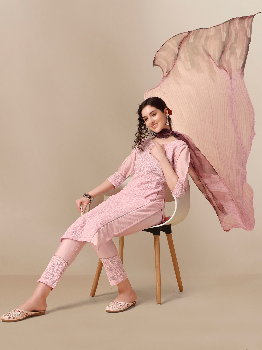 HERE&NOW Lucknowi Chikankari Schiffli Chanderi Silk Kurta Trousers with Organza Dupatta | Swadesiicart