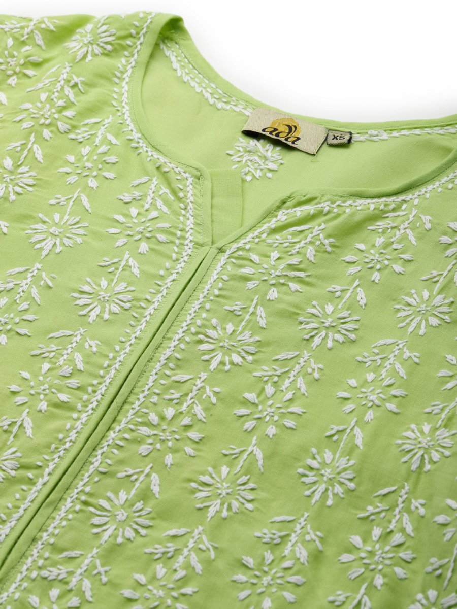 ADA Women Green & White Ethnic Motifs Chikankari Hand Embroidered Sustainable Kurta | Swadesiicart