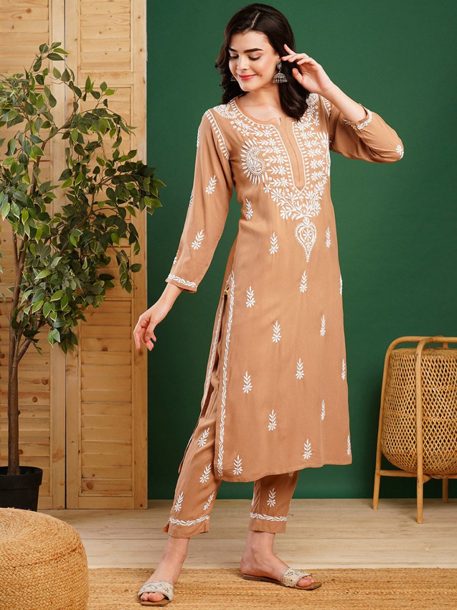 ADA Ethnic Motifs Embroidered Chikankari Kurta with Trousers | Swadesiicart