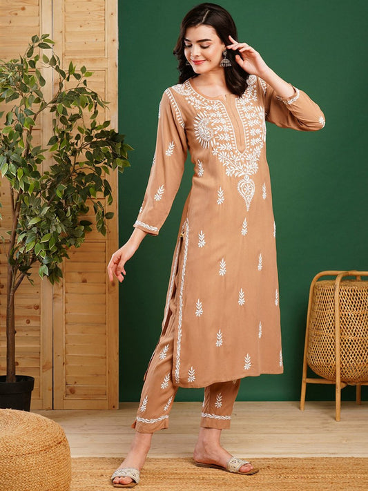 ADA Ethnic Motifs Embroidered Chikankari Kurta with Trousers | Swadesiicart
