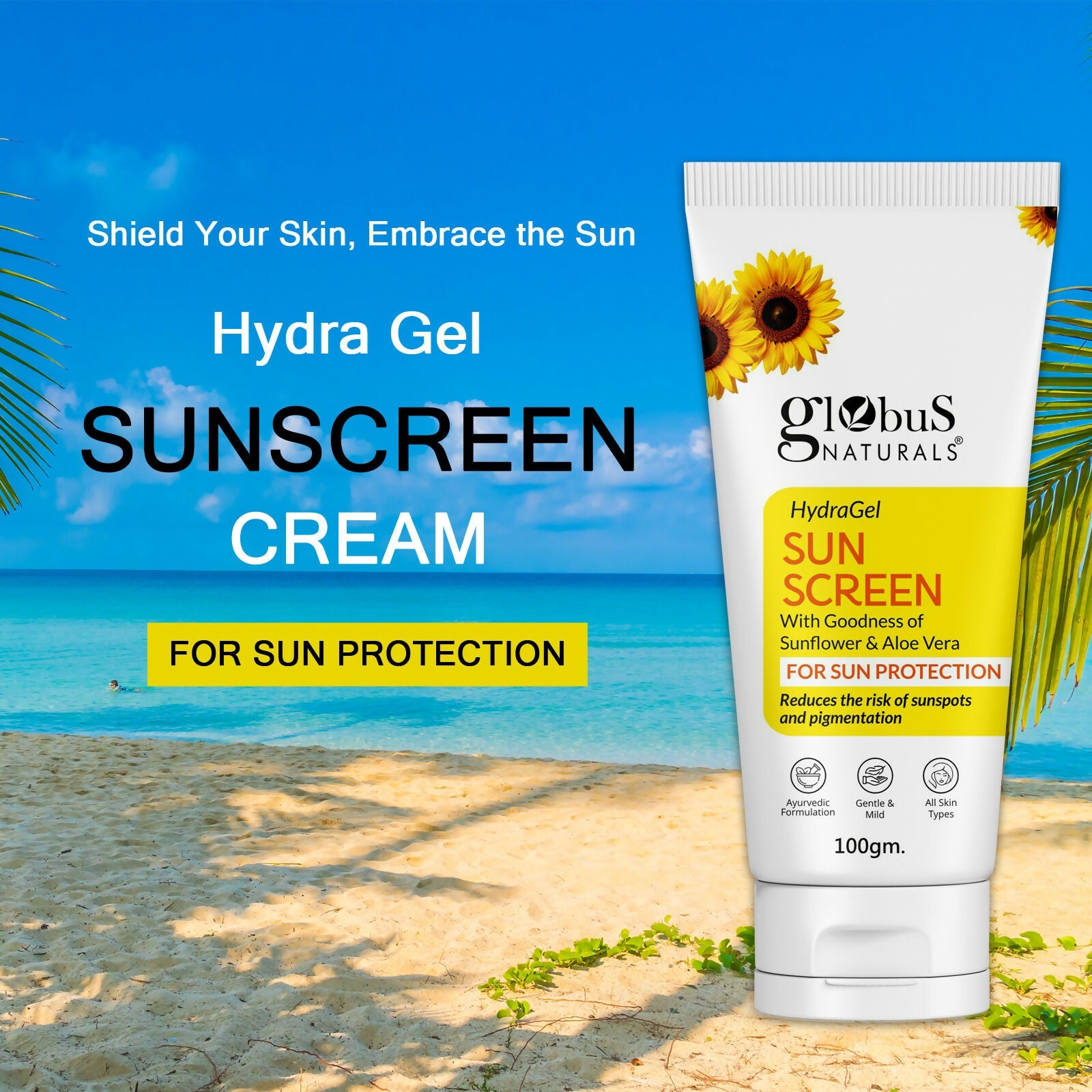 Globus Naturals Hydra Gel Sunscreen With Goodness of Sunflower & AloeVera For Sun Protection All Skin Types | Swadesiicart
