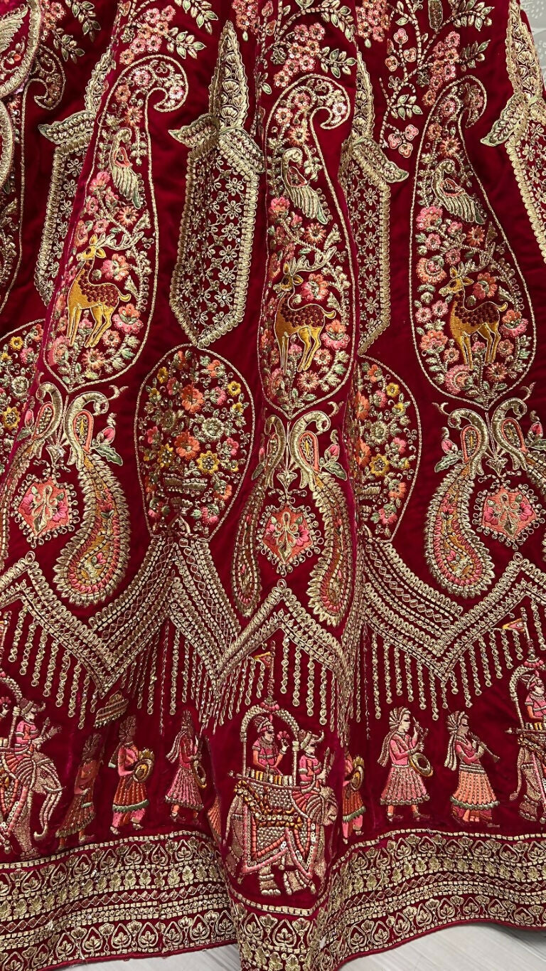 Jyoti Fashion Women's Rani Pink Velvet Multi Thread Embroidered with Zircon Diamond Work Wedding Lehenga Choli | Swadesiicart