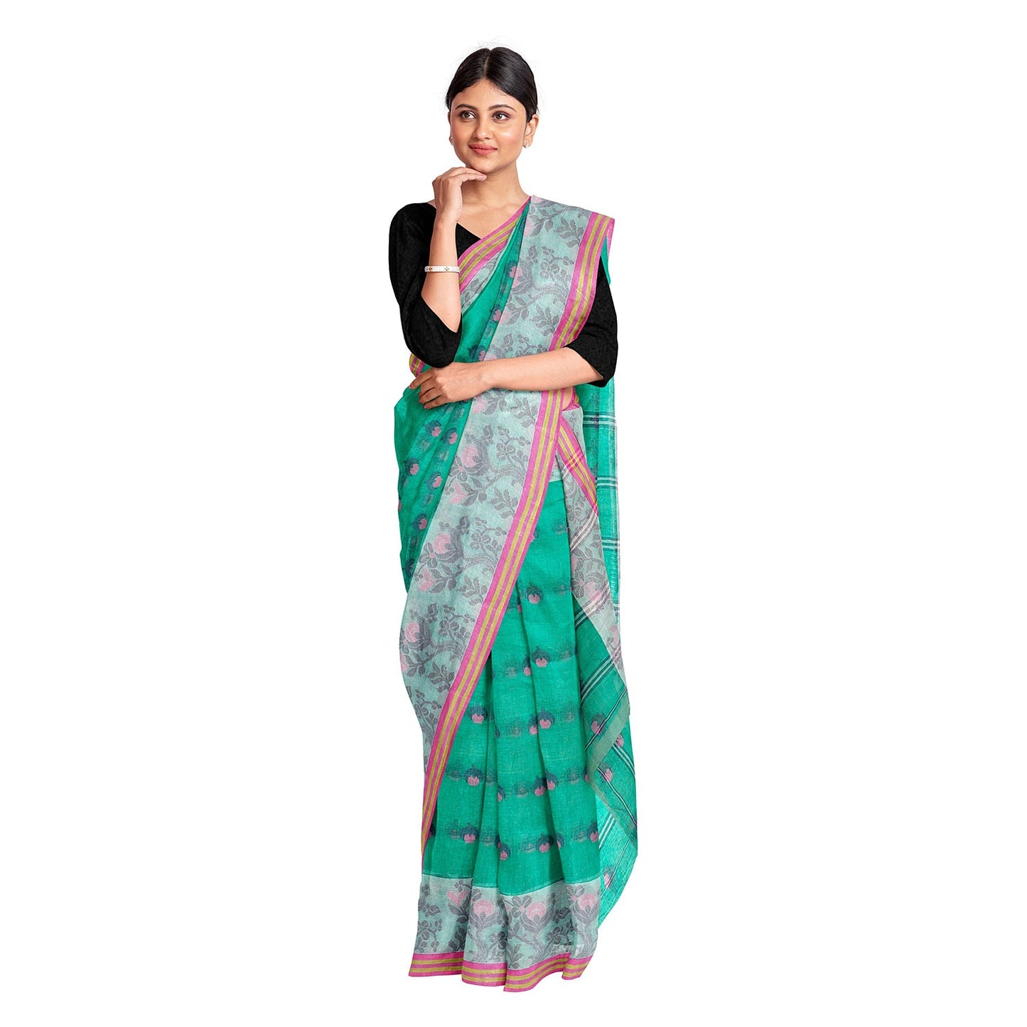 Exclusive Collection 100% Pure Cotton Green Tant Saree With Hand Weaving Work - Swadesiicart