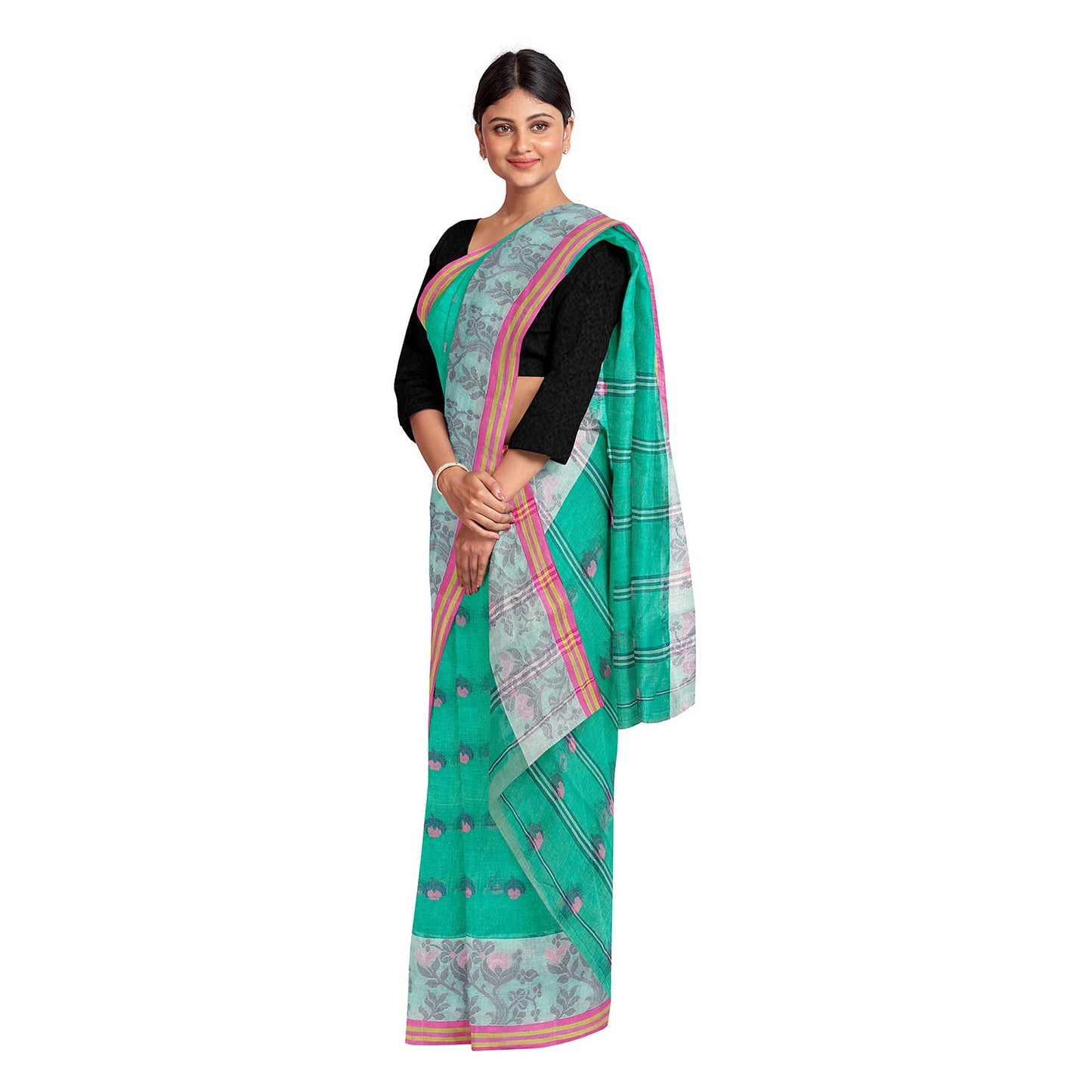 Exclusive Collection 100% Pure Cotton Green Tant Saree With Hand Weaving Work - Swadesiicart