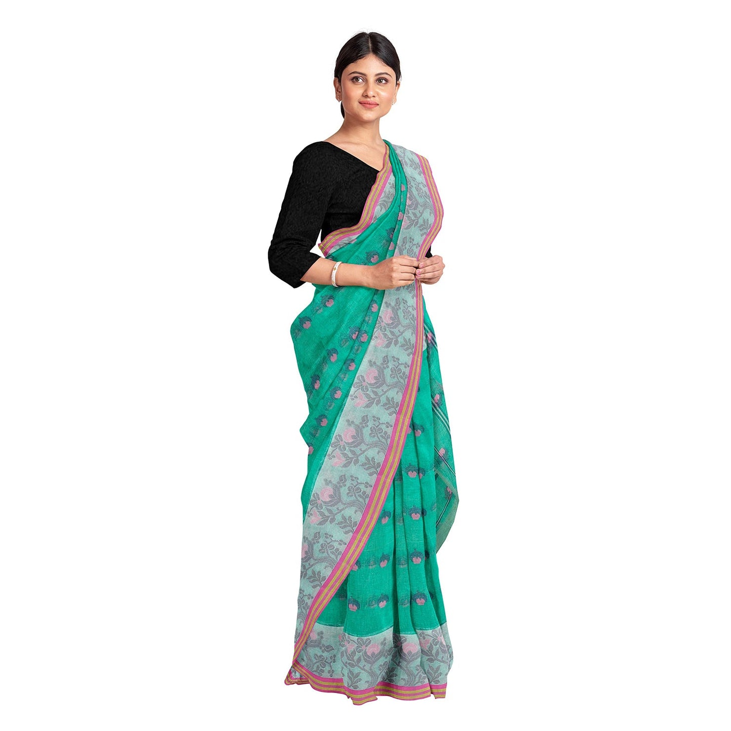 Exclusive Collection 100% Pure Cotton Green Tant Saree With Hand Weaving Work - Swadesiicart
