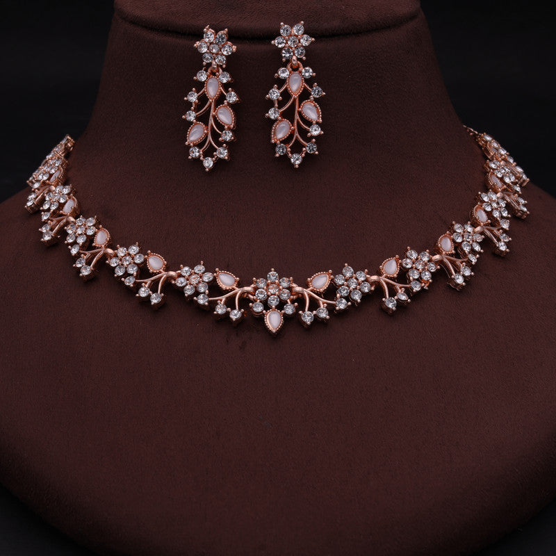 Tehzeeb Creations Rose Gold Pleated White Diamond With White Beads Necklace Set - Swadesiicart