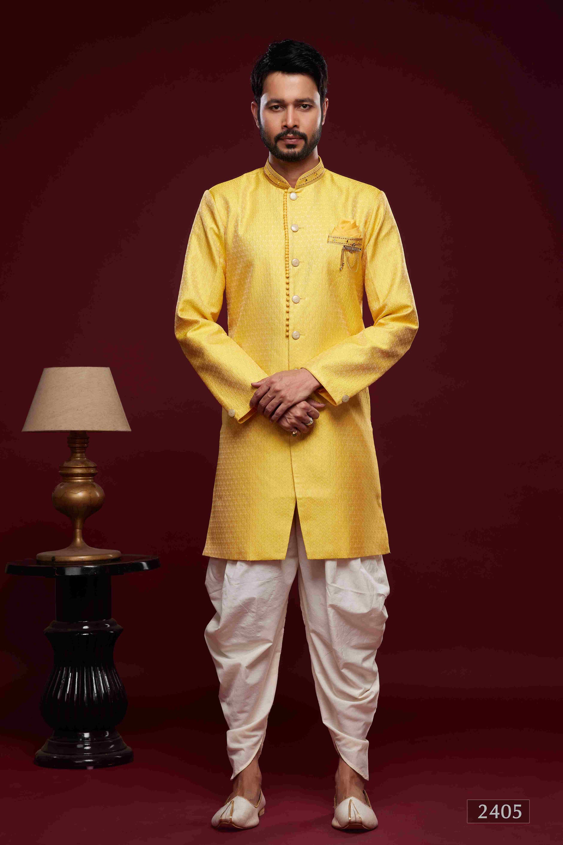 Raivat Ethnic Banarasi Jacquard Embroidery Semi Indo Western Sherwani In Yellow Colour | Swadesiicart