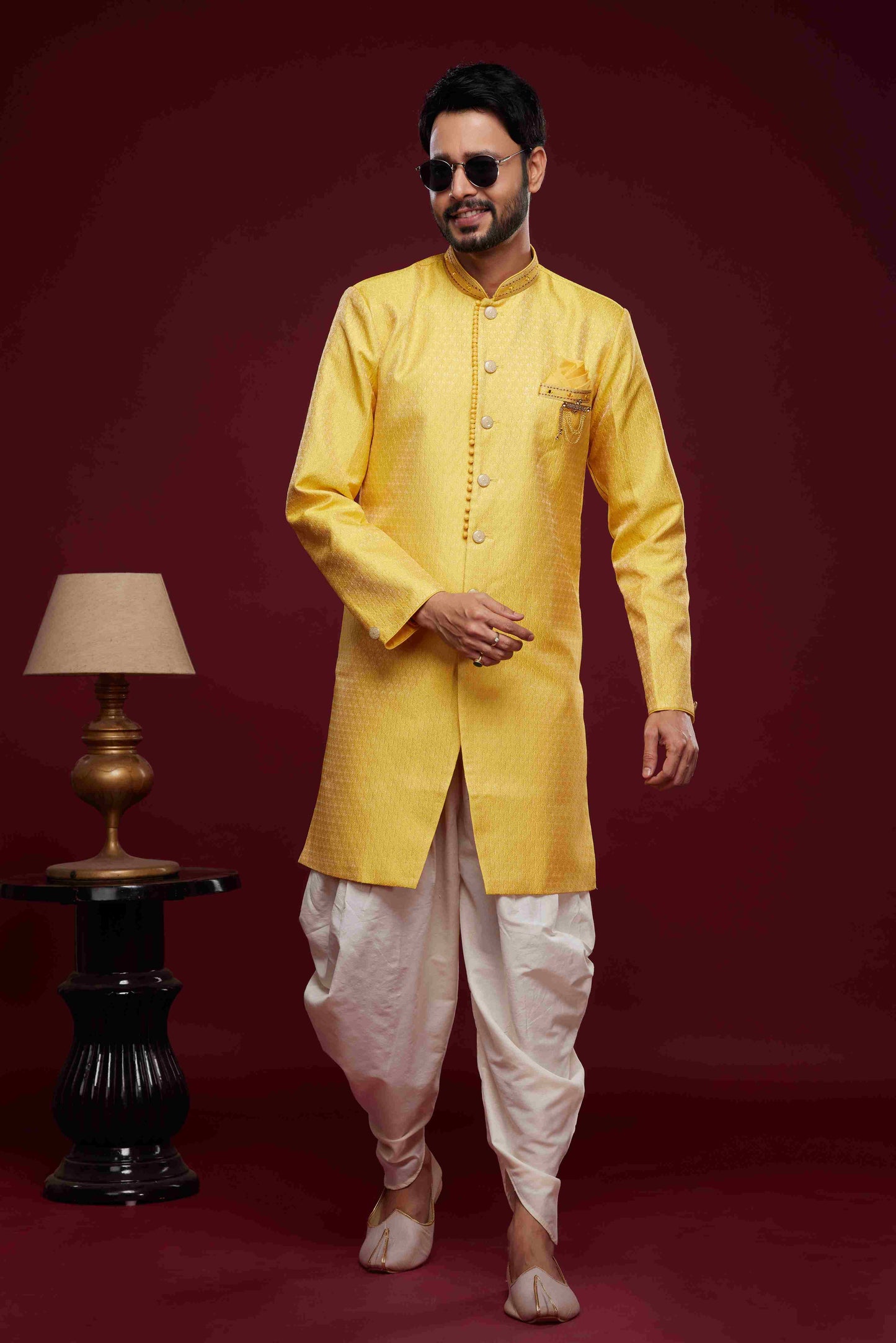 Raivat Ethnic Banarasi Jacquard Embroidery Semi Indo Western Sherwani In Yellow Colour | Swadesiicart