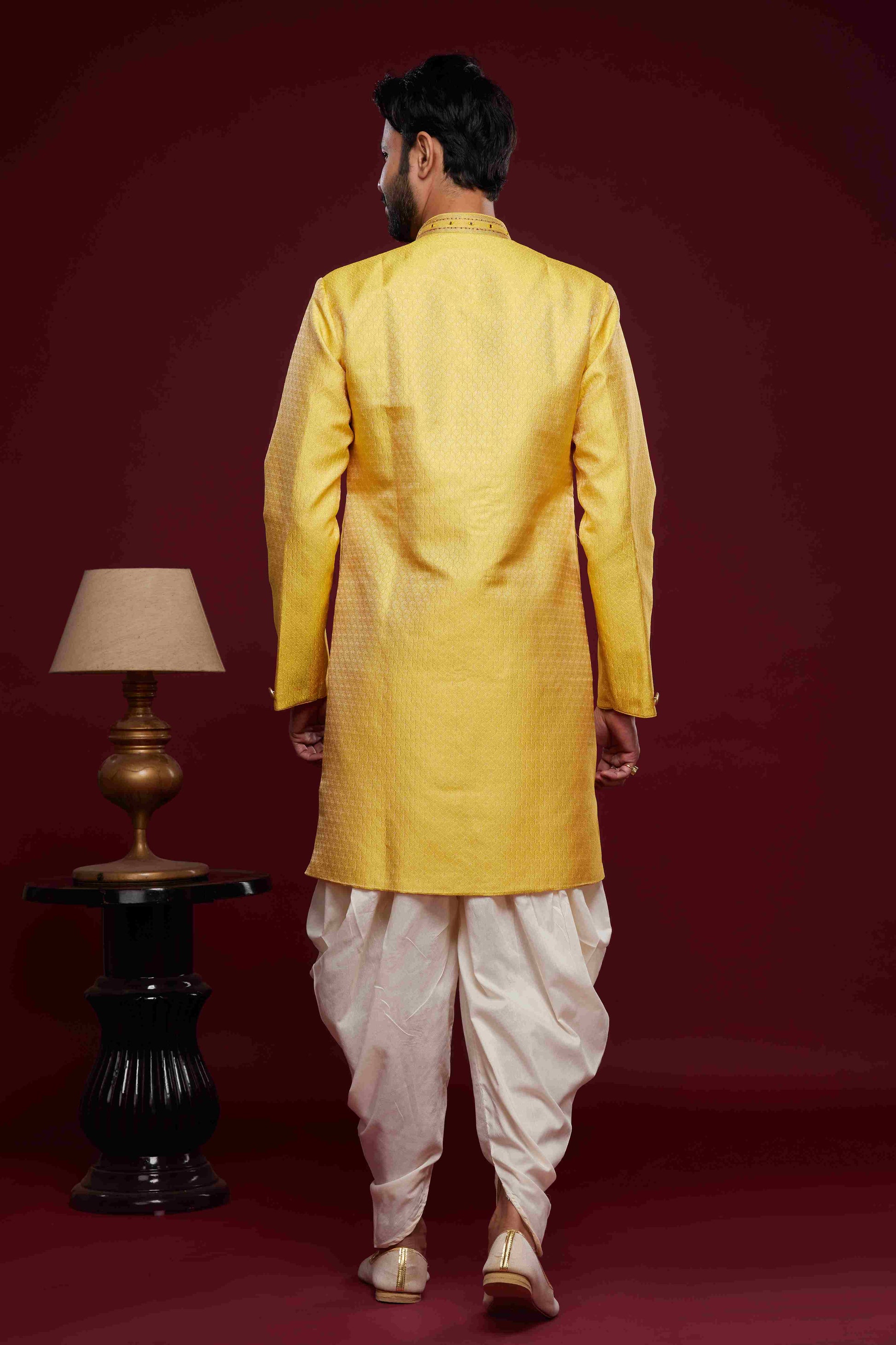 Raivat Ethnic Banarasi Jacquard Embroidery Semi Indo Western Sherwani In Yellow Colour | Swadesiicart