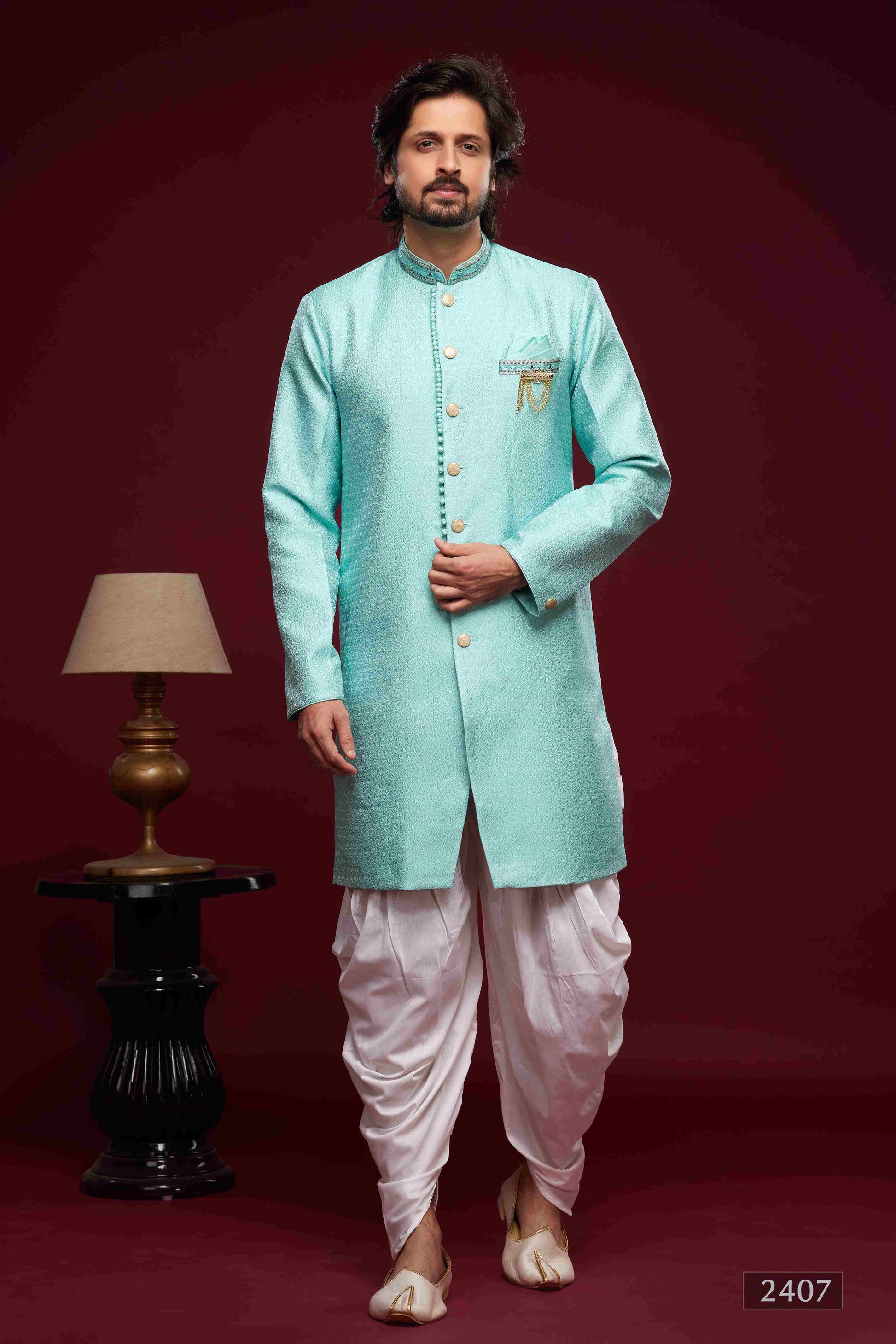 Raivat Ethnic Banarasi Jacquard Embroidery Semi Indo Western Sherwani In Sky Blue Colour | Swadesiicart