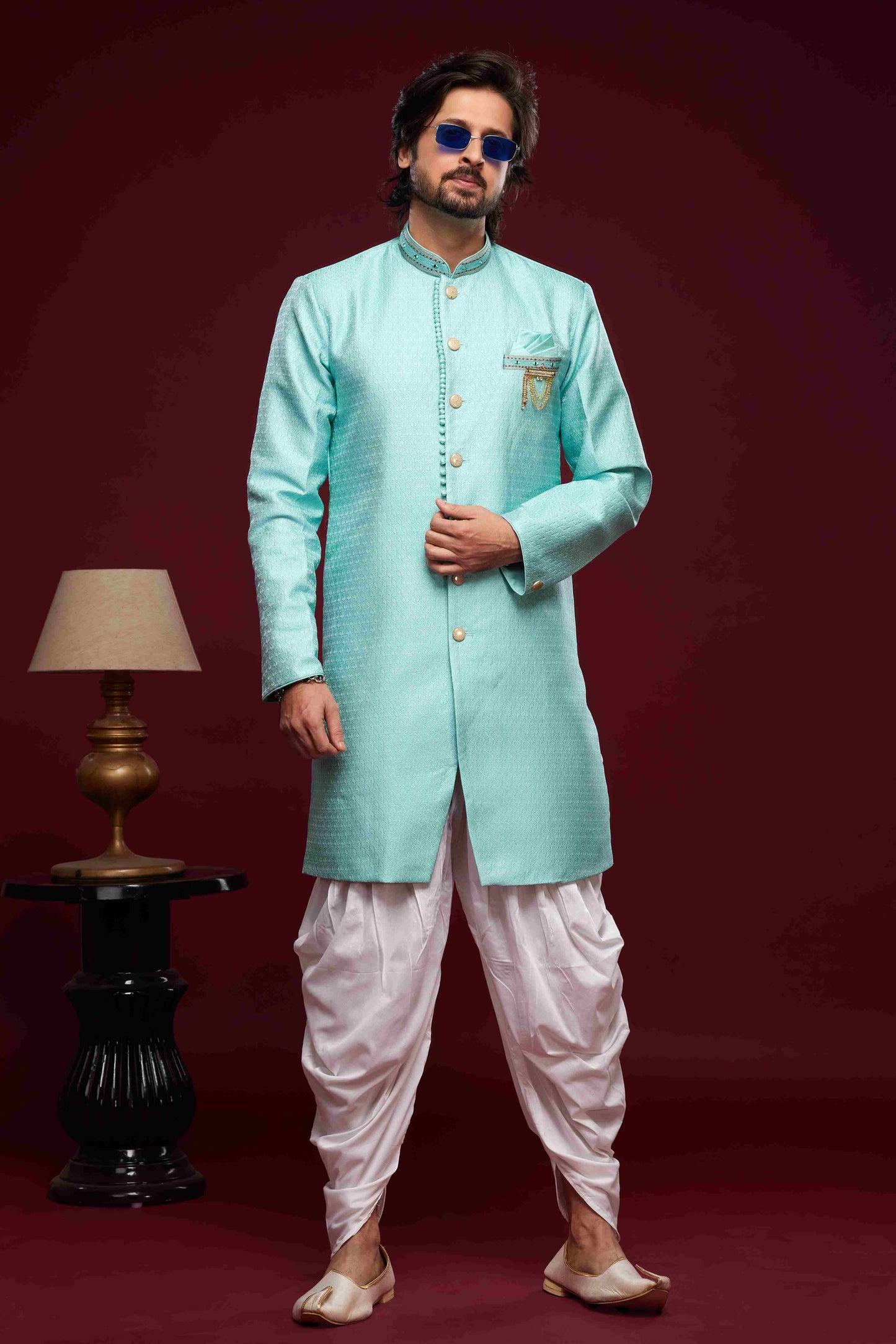 Raivat Ethnic Banarasi Jacquard Embroidery Semi Indo Western Sherwani In Sky Blue Colour | Swadesiicart