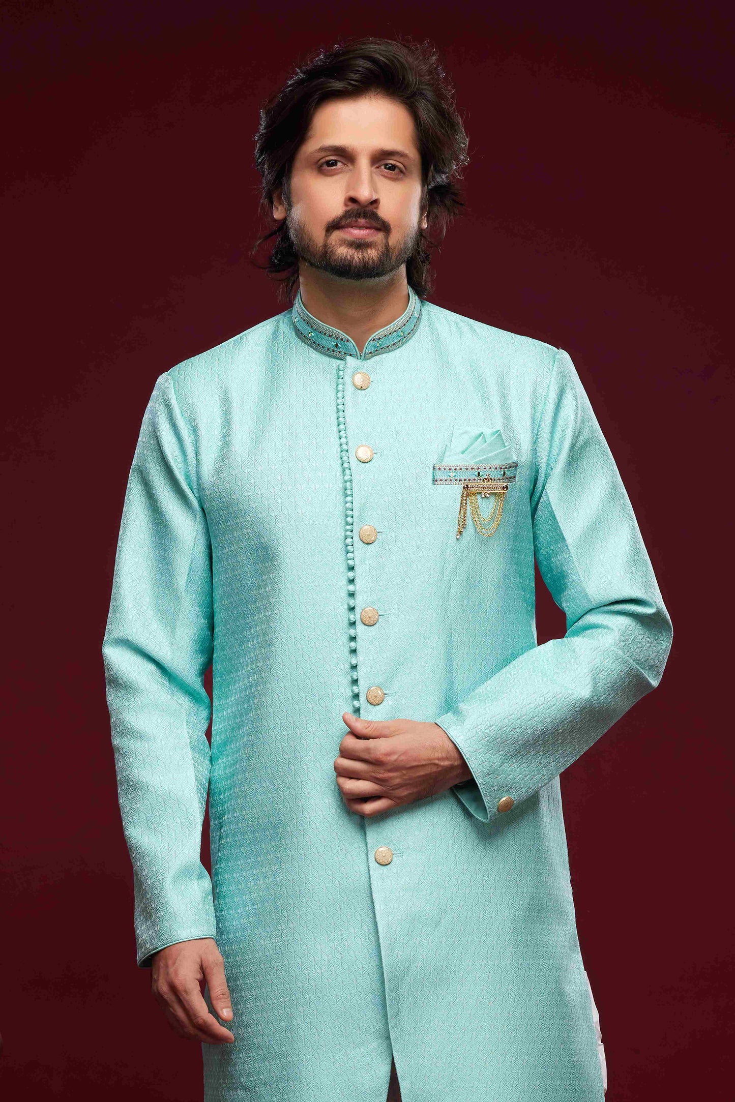 Raivat Ethnic Banarasi Jacquard Embroidery Semi Indo Western Sherwani In Sky Blue Colour | Swadesiicart