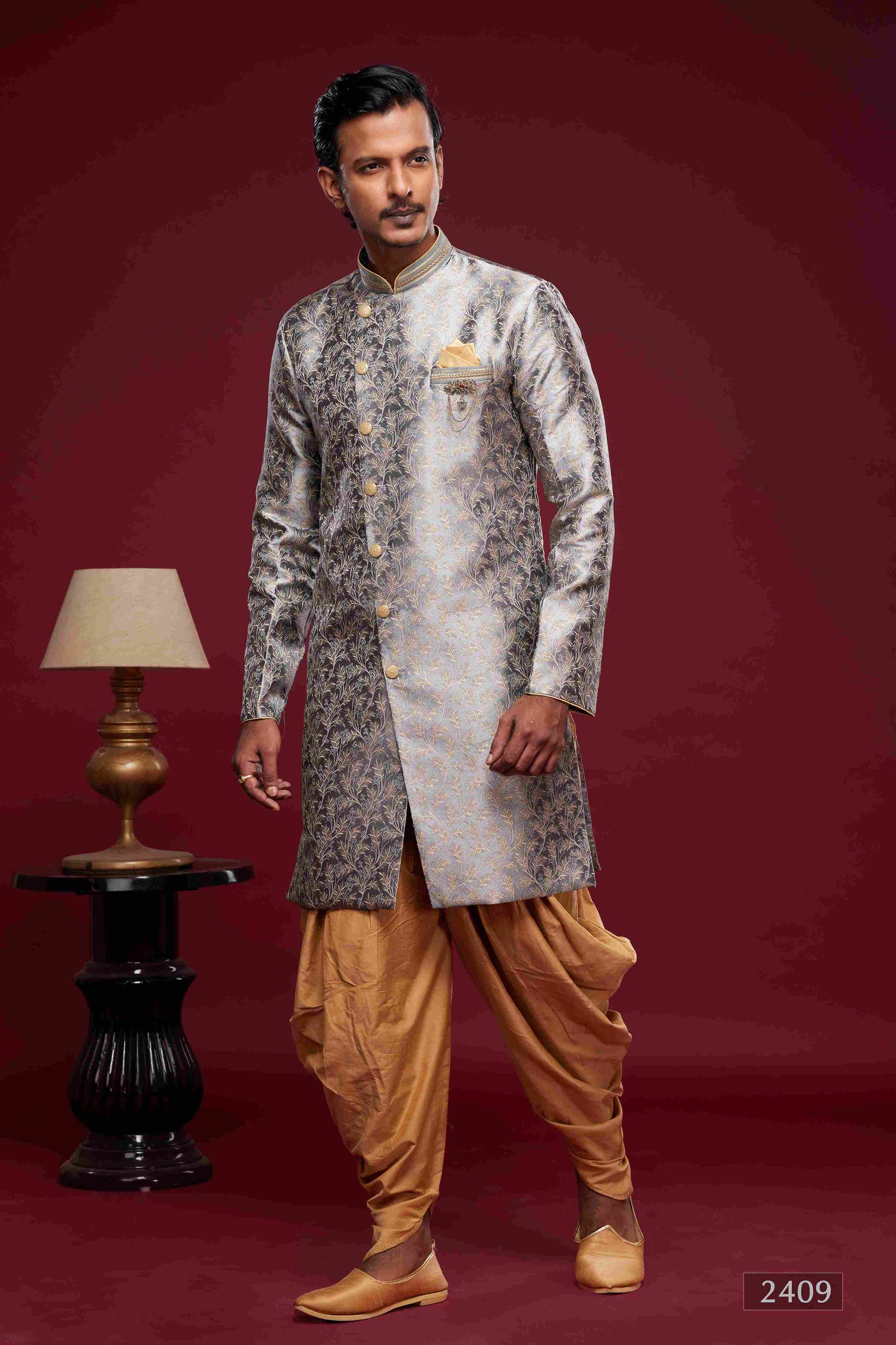 Raivat Ethnic Banarasi Jacquard Embroidery Semi Indo Western Sherwani In Grey Colour | Swadesiicart