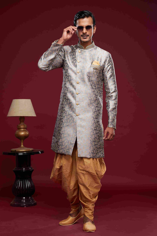 Raivat Ethnic Banarasi Jacquard Embroidery Semi Indo Western Sherwani In Grey Colour | Swadesiicart