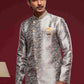 Raivat Ethnic Banarasi Jacquard Embroidery Semi Indo Western Sherwani In Grey Colour | Swadesiicart