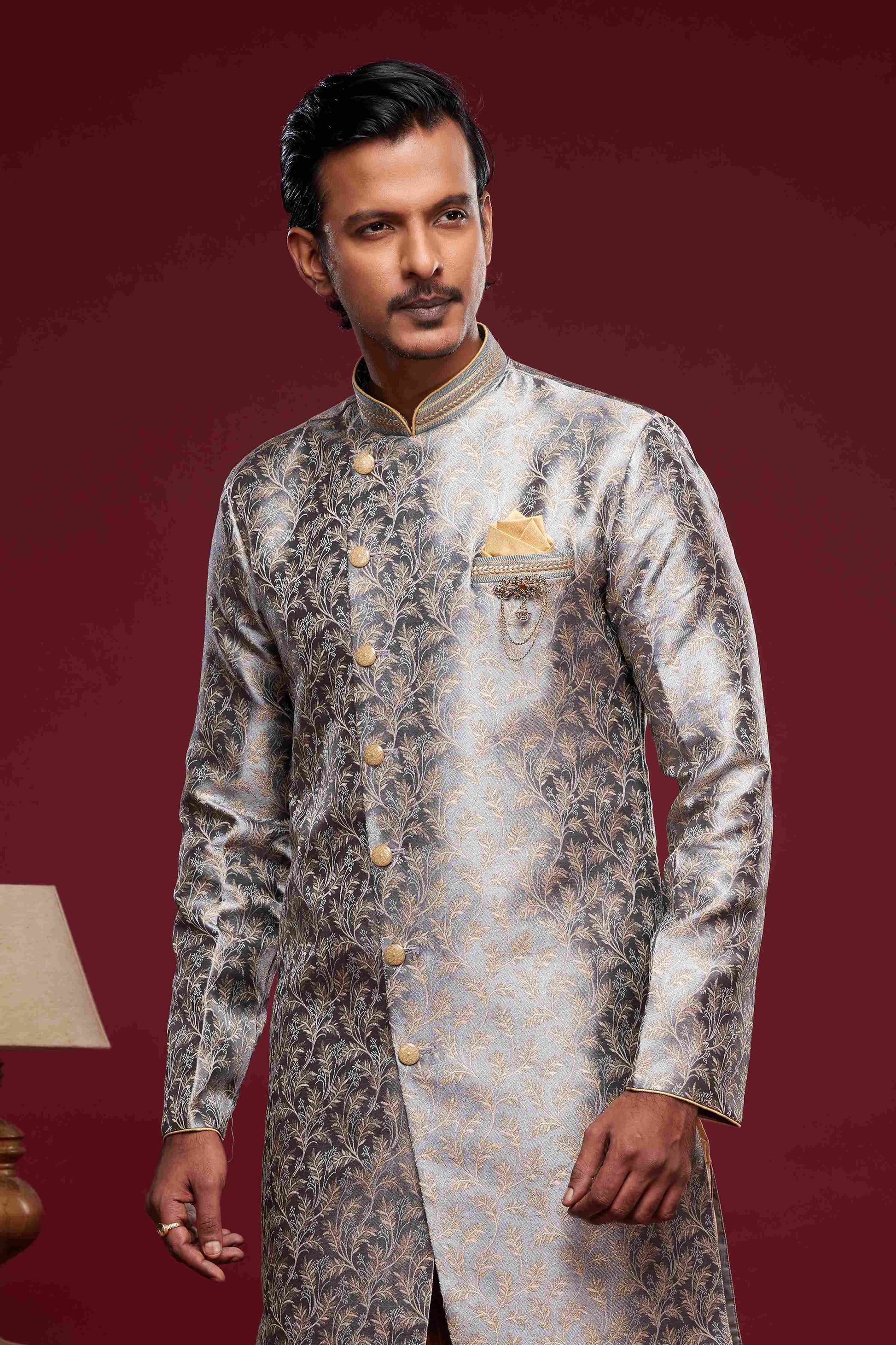 Raivat Ethnic Banarasi Jacquard Embroidery Semi Indo Western Sherwani In Grey Colour | Swadesiicart
