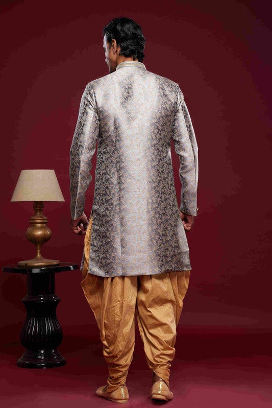 Raivat Ethnic Banarasi Jacquard Embroidery Semi Indo Western Sherwani In Grey Colour | Swadesiicart