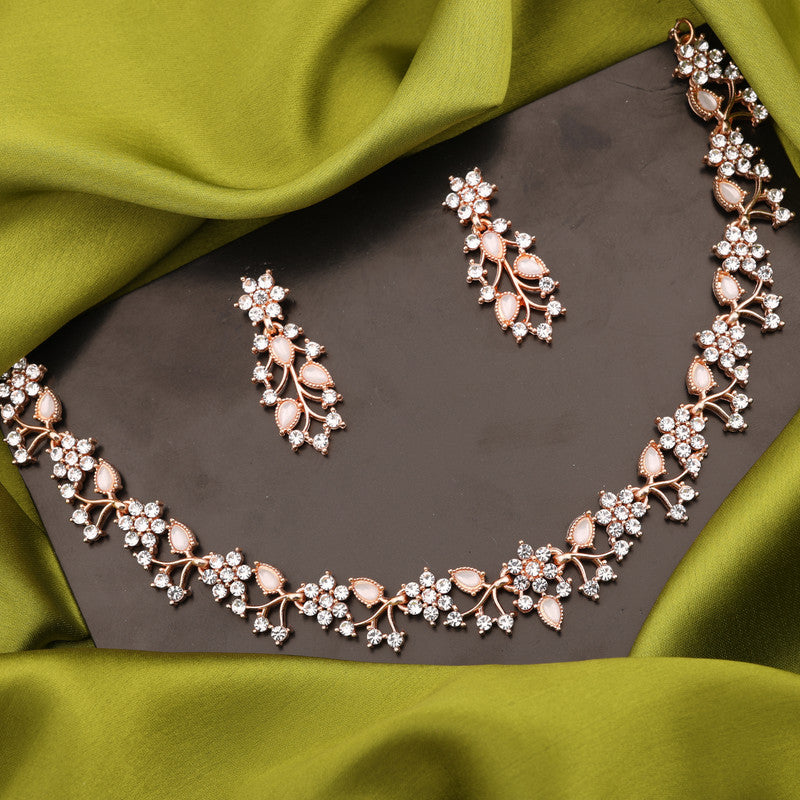 Tehzeeb Creations Rose Gold Pleated White Diamond With White Beads Necklace Set - Swadesiicart