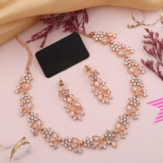 Tehzeeb Creations Rose Gold Pleated White Diamond With White Beads Necklace Set - Swadesiicart