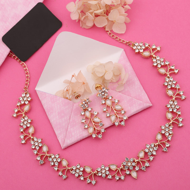 Tehzeeb Creations Rose Gold Pleated White Diamond With White Beads Necklace Set - Swadesiicart
